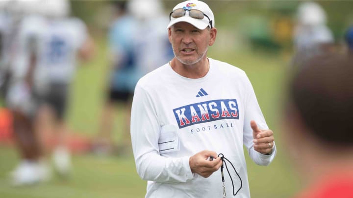 Kansas coach Lance Leipold talks with media members during a practice on Tuesday, Aug. 6.