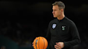 Apr 5, 2025; San Antonio, TX, USA; Duke Blue Devils head coach Jon Scheyer looks on against the Houston Cougars during the second half in the semifinals of the men's Final Four of the 2025 NCAA Tournament at the Alamodome. 