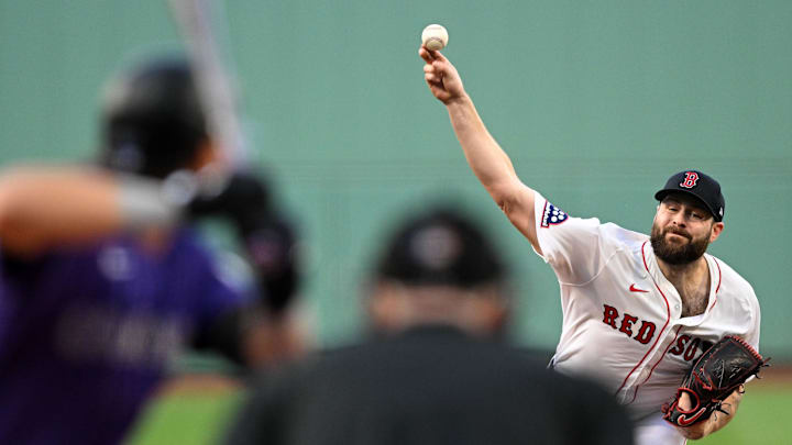 Boston, Massachusetts, USA; Boston Red Sox pitcher Lucas Giolito (54) pitches against the Colorado Rockies during the first inning at Fenway Park.