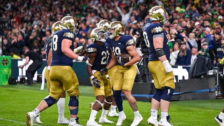 Aug 26, 2023; Dublin, [ENTER STATE], IRL; Notre Dame Fighting Irish wide receiver Jaden Greathouse (19) celebrates after a touchdown in the second quarter against the Navy Midshipmen at Aviva Stadium.