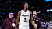 March 20, 2025; Denver, CO, USA; Texas A&M Aggies forward Pharrel Payne (21) reacts after the win over Yale Bulldogs at Ball Arena. Mandatory Credit: Ron Chenoy-Imagn Images