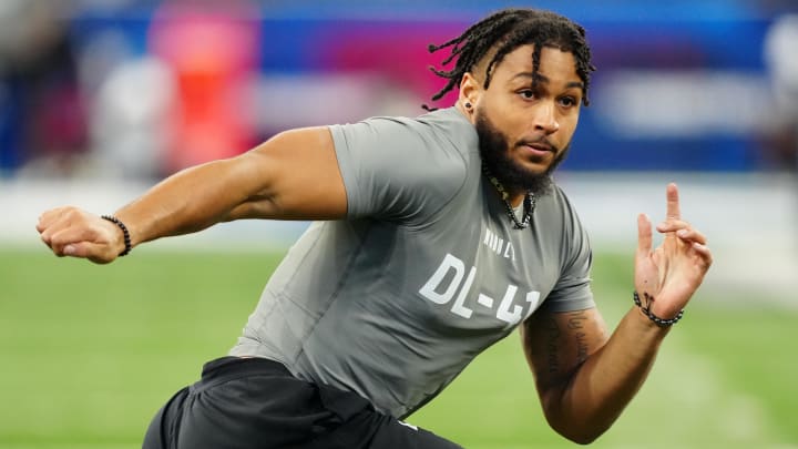 Feb 29, 2024; Indianapolis, IN, USA; Western Michigan defensive lineman Marshawn Kneeland (DL41) works out during the 2024 NFL Combine at Lucas Oil Stadium. Mandatory Credit: Kirby Lee-USA TODAY Sports