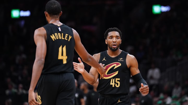 May 9, 2024; Boston, Massachusetts, USA; Cleveland Cavaliers guard Donovan Mitchell (45) reacts after a basket buy forward Evan Mobley (4) against the Boston Celtics in the first quarter during game two of the second round for the 2024 NBA playoffs at TD Garden. Mandatory Credit: David Butler II-USA TODAY Sports