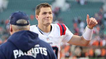 Nov 23, 2025; Cincinnati, Ohio, USA; New England Patriots quarterback Drake Maye (10) reacts after defeating the Cincinnati Bengals at Paycor Stadium. Mandatory Credit: Joseph Maiorana-Imagn Images