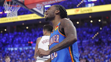 May 18, 2025; Oklahoma City, Oklahoma, USA; Oklahoma City Thunder guard Cason Wallace (22) screams after dunking against the Denver Nuggets in the second half of game seven of the second round for the 2025 NBA Playoffs at Paycom Center. Mandatory Credit: Alonzo Adams-Imagn Images