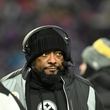 Jan 15, 2024; Orchard Park, New York, USA; Pittsburgh Steelers head coach Mike Tomlin reacts in the in the second half against the Buffalo Bills in a 2024 AFC wild card game at Highmark Stadium. Mandatory Credit: Mark Konezny-USA TODAY Sports