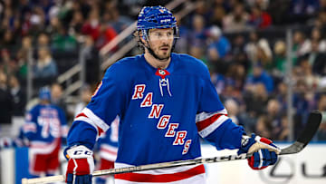 Mar 16, 2025; New York, New York, USA; New York Rangers center J.T. Miller (8) skates against the Edmonton Oilers during the first period at Madison Square Garden. Mandatory Credit: Danny Wild-Imagn Images