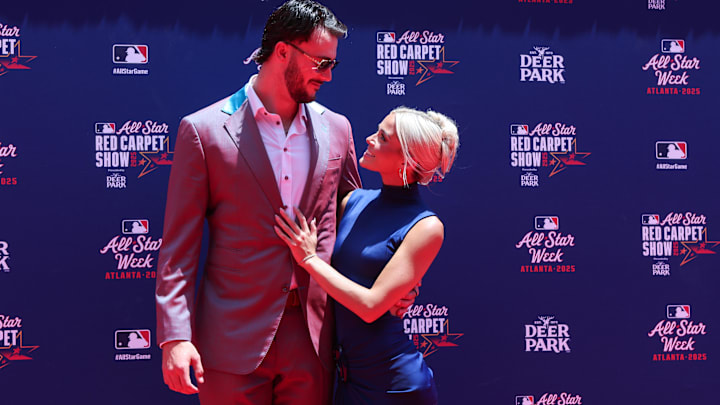 Paul Skenes of the Pittsburgh Pirates and girlfriend Livvy Dunne on the red carpet before the 2025 MLB All Star Game.