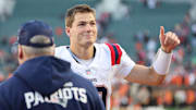 Nov 23, 2025; Cincinnati, Ohio, USA; New England Patriots quarterback Drake Maye (10) reacts after defeating the Cincinnati Bengals at Paycor Stadium. Mandatory Credit: Joseph Maiorana-Imagn Images