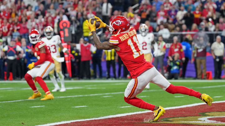 Feb 11, 2024; Paradise, Nevada, USA; Kansas City Chiefs wide receiver Marquez Valdes-Scantling (11) makes a catch for a touchdown against the San Francisco 49ers during the third quarter of Super Bowl LVIII at Allegiant Stadium. 