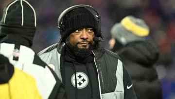 Jan 15, 2024; Orchard Park, New York, USA; Pittsburgh Steelers head coach Mike Tomlin reacts in the in the second half against the Buffalo Bills in a 2024 AFC wild card game at Highmark Stadium. Mandatory Credit: Mark Konezny-USA TODAY Sports