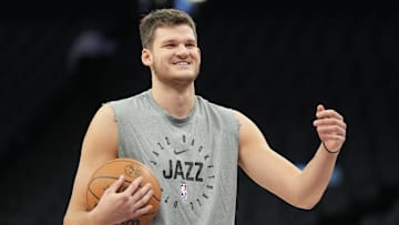 Dec 8, 2024; Sacramento, California, USA; Utah Jazz center Walker Kessler (24) before the game against the Sacramento Kings at Golden 1 Center. Mandatory Credit: Darren Yamashita-Imagn Images
