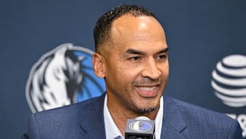 Jun 27, 2025; Dallas, TX, USA; Dallas Mavericks general manager Nico Harrison speaks to the media at the Dallas Mavericks Practice Facility. Mandatory Credit: Jerome Miron-Imagn Images
