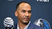 Jun 27, 2025; Dallas, TX, USA; Dallas Mavericks general manager Nico Harrison speaks to the media at the Dallas Mavericks Practice Facility. Mandatory Credit: Jerome Miron-Imagn Images