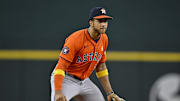 Sep 7, 2025; Arlington, Texas, USA; Houston Astros shortstop Jeremy Pena (3) looks on during the game between the Texas Rangers and the Houston Astros at Globe Life Field. 