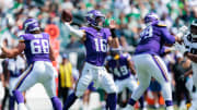 Minnesota Vikings quarterback Jaren Hall (16) throws against the Philadelphia Eagles during the second quarter at Lincoln Financial Field in Philadelphia on Aug. 24, 2024.