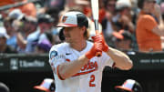 Jul 14, 2024; Baltimore, Maryland, USA;  Baltimore Orioles shortstop Gunnar Henderson (2) stands in the on deck circle during the first inning against the New York Yankees at Oriole Park at Camden Yards. Mandatory Credit: James A. Pittman-USA TODAY Sports