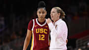 JuJu Watkins and Lindsay Gottlieb speak during USC's game against UCLA.