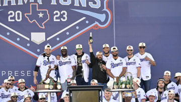 Nov 3, 2023; Arlington, TX, USA; The Texas Rangers pose for a photo during the celebration outside
