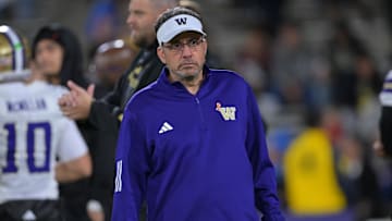 Nov 22, 2025; Pasadena, California, USA;  Washington Huskies head coach Jedd Fisch on the field prior to the game against the UCLA Bruins at the Rose Bowl. Mandatory Credit: Jayne Kamin-Oncea-Imagn Images