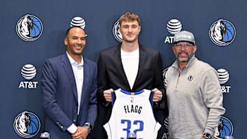 Jun 27, 2025; Dallas, TX, USA; (from left) Dallas Mavericks general manager Nico Harrison and Mavericks first overall pick Cooper Flagg and head coach Jason Kidd pose for a photo at the Dallas Mavericks Practice Facility. Mandatory Credit: Jerome Miron-Imagn Images