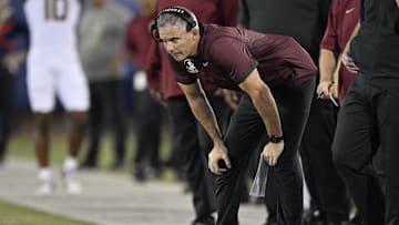 Sep 28, 2024; Dallas, Texas, USA; Florida State Seminoles head coach Mike Norvell during the game between the Southern Methodist Mustangs and the Florida State Seminoles at Gerald J. Ford Stadium. Mandatory Credit: Jerome Miron-Imagn Images