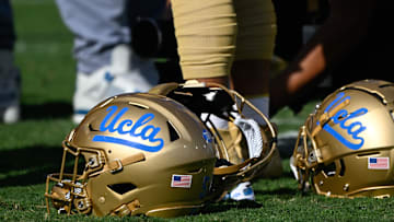 UCLA Bruins helmets. Mandatory Credit: Robert Hanashiro-Imagn Images