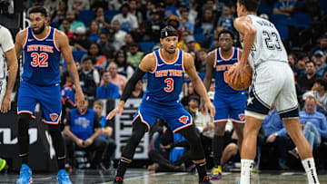 Dec 15, 2024; Orlando, Florida, USA; New York Knicks forward Josh Hart (3) defends Orlando Magic forward Tristan da Silva (23) in the second quarter at Kia Center. Mandatory Credit: Jeremy Reper-Imagn Images