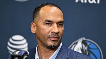 Jun 27, 2025; Dallas, TX, USA; Dallas Mavericks general manager Nico Harrison speaks to the media at the Dallas Mavericks Practice Facility. Mandatory Credit: Jerome Miron-Imagn Images