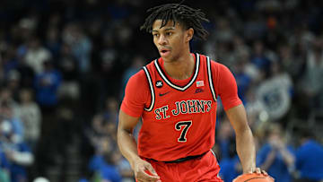 Jan 13, 2024; Omaha, Nebraska, USA;  St. John's Red Storm guard Simeon Wilcher (7) dribbles against