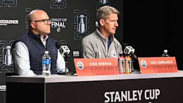 Jun 3, 2025; Edmonton, Alberta, CAN; Edmonton Oilers general manager Stan Bowman along with Oilers head coach Kris Knoblauch are seen during media day in advance of the 2025 Stanley Cup Final at Rogers Place. Mandatory Credit: Walter Tychnowicz-Imagn Images