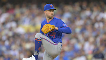 Jun 4, 2025; Los Angeles, California, USA; New York Mets pitcher Griffin Canning (46) delivers a pitch during the first inning against the Los Angeles Dodgers at Dodger Stadium. Mandatory Credit: Jayne Kamin-Oncea-Imagn Images