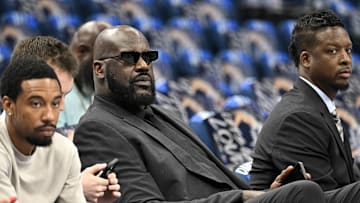 May 26, 2024; Dallas, Texas, USA; Shaquille O'Neal before the game between the Dallas Mavericks and the Minnesota Timberwolves in game three of the western conference finals for the 2024 NBA playoffs at American Airlines Center. Mandatory Credit: Jerome Miron-Imagn Images