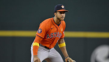 Sep 7, 2025; Arlington, Texas, USA; Houston Astros shortstop Jeremy Pena (3) looks on during the game between the Texas Rangers and the Houston Astros at Globe Life Field. 