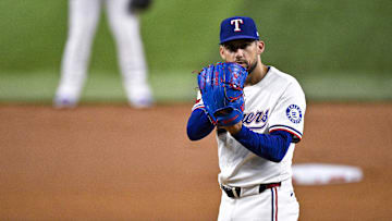 Aug 11, 2025; Arlington, Texas, USA; Texas Rangers starting pitcher Nathan Eovaldi (17) pitches during the game between the Texas Rangers and the Arizona Diamondbacks at Globe Life Field. Mandatory Credit: Jerome Miron-Imagn Images