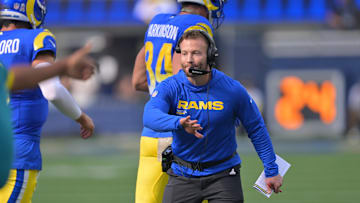 Nov 2, 2025; Inglewood, California, USA; Los Angeles Rams head coach Sean McVay reacts after a touchdown by his team against the New Orleans Saints during the first half at SoFi Stadium. Mandatory Credit: Jayne Kamin-Oncea-Imagn Images
