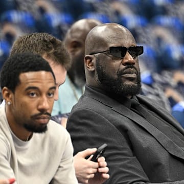 Shaquille O'Neal before the game between the Dallas Mavericks and the Minnesota Timberwolves in Game 3 of the Western Conference finals at American Airlines Center in Dallas on May 26, 2024.