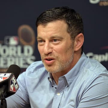 Oct 25, 2024; Los Angeles, California, USA; Los Angeles Dodgers president of baseball operations Andrew Friedman speaks in a press conference before game one against the New York Yankees in the 2024 MLB World Series at Dodger Stadium. Mandatory Credit: Jayne Kamin-Oncea-Imagn Images