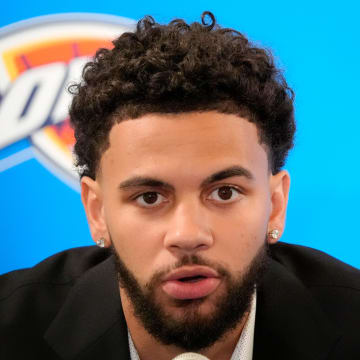 Ajay Mitchell speaks during an introductory press conference for the 2024 Thunder draft picks at Oklahoma Contemporary Arts Center in Oklahoma City, Saturday, June, 29, 2024.