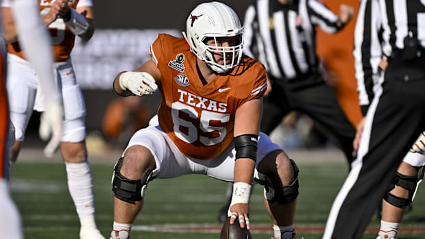 exas Longhorns offensive lineman Jake Majors (65) in action during the game between the Texas Longhorns and Clemson