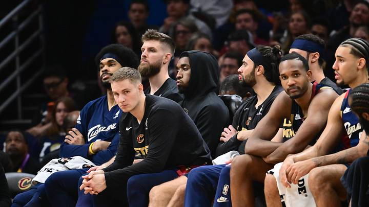 May 25, 2026; Cleveland, Ohio, USA; Cleveland Cavaliers bench looks on in the fourth quarter against the New York Knicks during game four of the eastern conference finals for the 2026 NBA playoffs at Rocket Arena. Mandatory Credit: Ken Blaze-Imagn Images