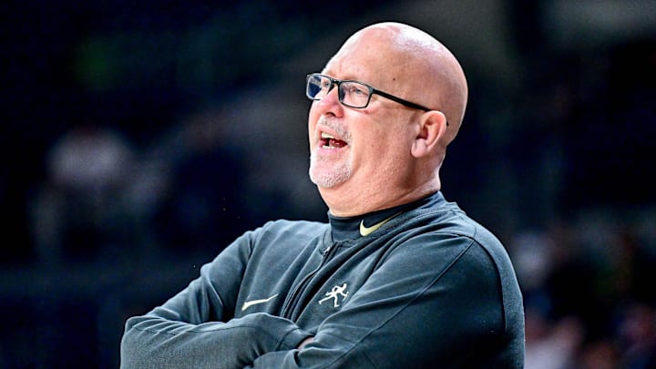 Feb 27, 2024; South Bend, Indiana, USA; Wake Forest Demon Deacons head coach Steve Forbes watches in