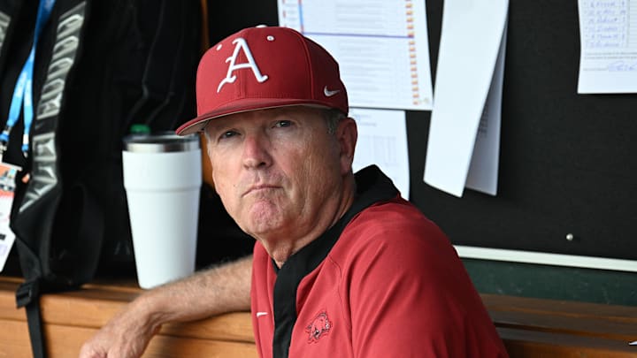 Jun 18, 2025; Omaha, Neb, USA;  Arkansas Razorbacks head coach Dave Van Horn before the game against the LSU Tigers at Charles Schwab Field. Mandatory Credit: Steven Branscombe-Imagn Images