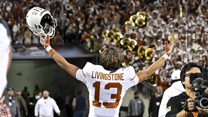 Nov 30, 2024; College Station, Texas, USA; Texas Longhorns wide receiver Parker Livingstone (13) reacts after the game against the Texas A&M Aggies. The Longhorns defeated the Aggies 17-7 at Kyle Field. Mandatory Credit: Maria Lysaker-Imagn Images  