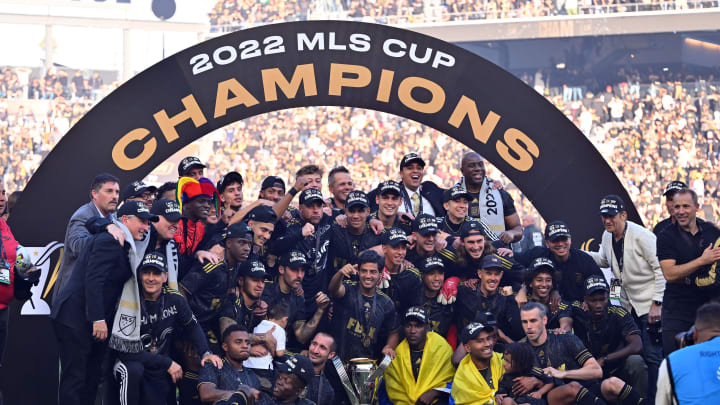 Nov 5, 2022; Los Angeles, CA, USA; Los Angeles FC players pose for a team photo with the Philip F.