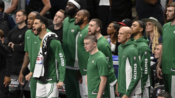Jun 12, 2024; Dallas, Texas, USA; Boston Celtics bench reacts to a play during the third quarter in game three of the 2024 NBA Finals against the Dallas Mavericks at American Airlines Center. 