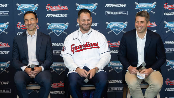 Nov 10, 2023; Cleveland, OH, USA;  Cleveland Guardians manager Stephen Vogt, middle, and president of baseball operations Chris Antonetti, left, and general manager Mike Chernoff, right, talk to the media during an introductory press conference at Progressive Field. Mandatory Credit: Ken Blaze-USA TODAY Sports
