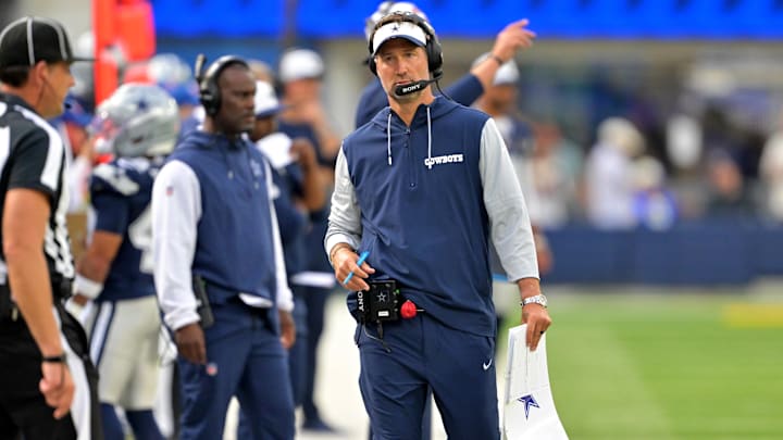 Dallas Cowboys head coach Brian Schottenheimer on the sidelines during the game against the Los Angeles Rams at SoFi Stadium.
