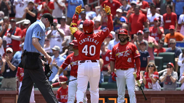 St. Louis Cardinals designated hitter Willson Contreras (40) reacts after hitting a home run against the Washington Nationals during the first inning at Busch Stadium on July 28.