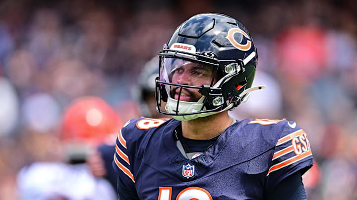 Aug 17, 2024; Chicago, Illinois, USA; Chicago Bears quarterback Caleb Williams (18) looks on against the Cincinnati Bengals during the first quarter at Soldier Field. Mandatory Credit: Daniel Bartel-Imagn Images